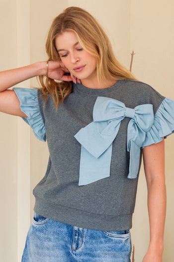 TRENDiLiTY French Terry Top with Denim Bow and Flutter Sleeves in Charcoal