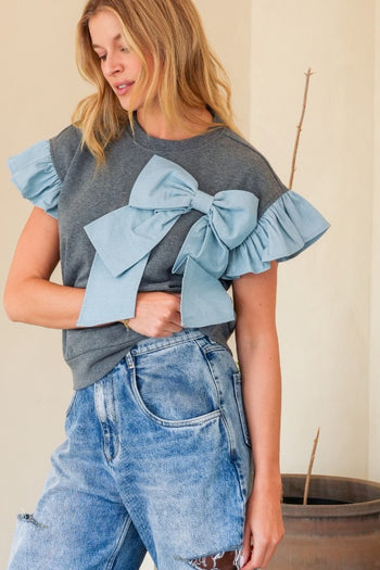 TRENDiLiTY French Terry Top with Denim Bow and Flutter Sleeves in Charcoal