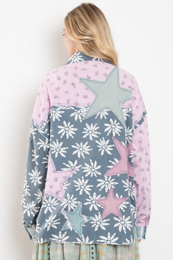 BlueVelvet Mixed Print Blocked Star Patched Top in Denim Blue/Pink