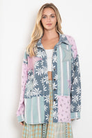 BlueVelvet Mixed Print Blocked Star Patched Top in Denim Blue/Pink