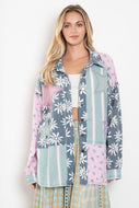 BlueVelvet Mixed Print Blocked Star Patched Top in Denim Blue/Pink