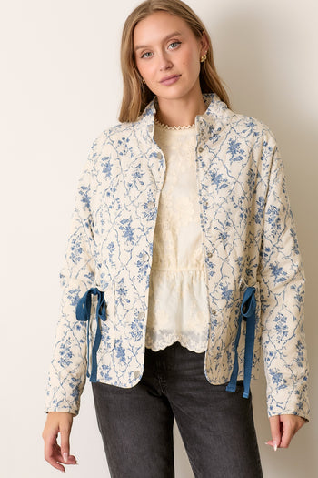 Polagram Floral Printed Padded Jacket in Cream Multi