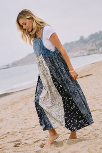 Oddi Denim and Mixed Patchwork Print Overall Maxi Dress in Light Denim