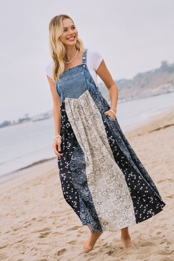 Oddi Denim and Mixed Patchwork Print Overall Maxi Dress in Light Denim June Adel Oddi Denim and Mixed Patchwork Print Overall Maxi Dress in Light Denim June Adel