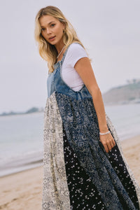 Oddi Denim and Mixed Patchwork Print Overall Maxi Dress in Light Denim