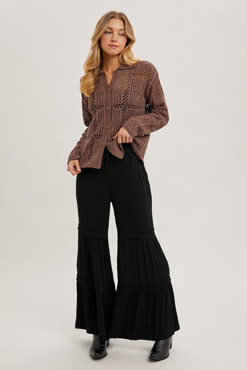 Bluivy Solid Color Tiered Palazzo Pants in Black