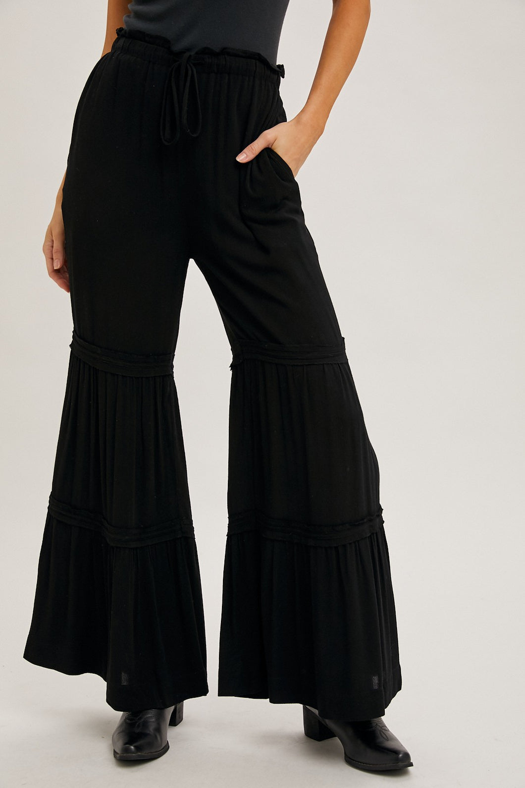 Bluivy Solid Color Tiered Palazzo Pants in Black