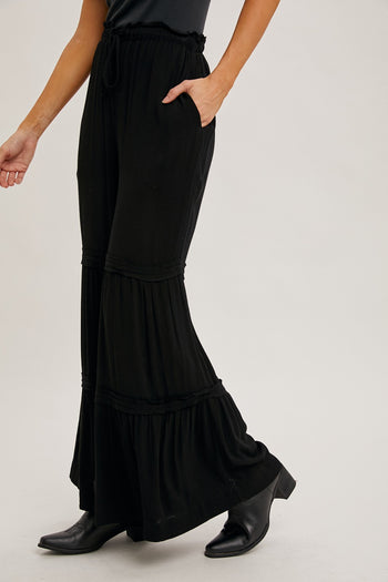 Bluivy Solid Color Tiered Palazzo Pants in Black