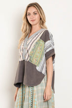 Load image into Gallery viewer, BlueVelvet Patchwork Half Button Down Top in Charcoal Multi
