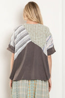 BlueVelvet Patchwork Half Button Down Top in Charcoal Multi
