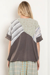 BlueVelvet Patchwork Half Button Down Top in Charcoal Multi