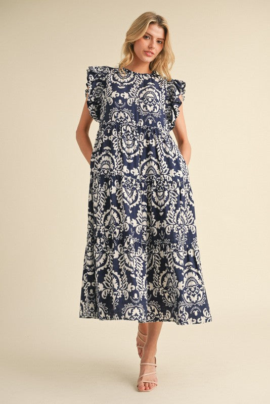 Jodifl Paisley Print Tiered Midi Dress in Navy – June Adel