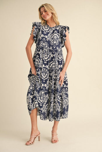 Jodifl Paisley Print Tiered Midi Dress in Navy