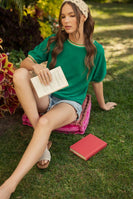 Jodifl Solid Color Knit Top with Contrasting Colored Stripes Details in Kelly Green