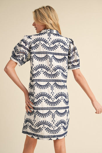 Jodifl Geometric Print Eyelet Dress in Navy