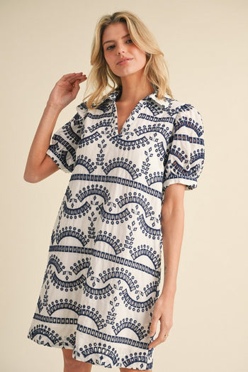 Jodifl Geometric Print Eyelet Dress in Navy