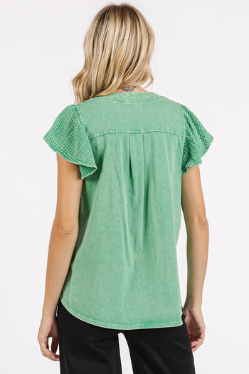 Mittoshop Mixed Media Solid Color Mineral Washed Top in Grass Green