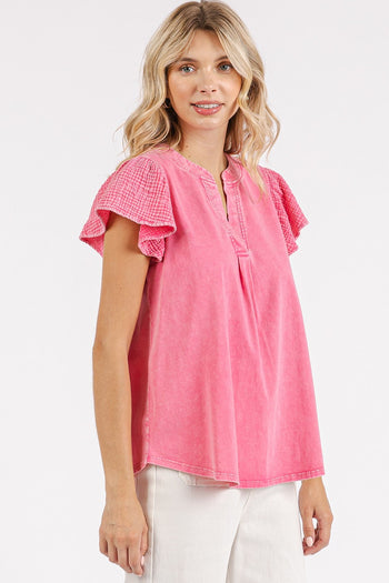 Mittoshop Mixed Media Solid Color Mineral Washed Top in Pink Bloom