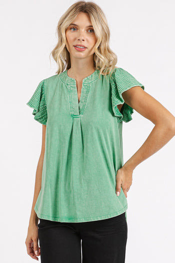Mittoshop Mixed Media Solid Color Mineral Washed Top in Grass Green