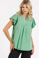 Mittoshop Mixed Media Solid Color Mineral Washed Top in Grass Green