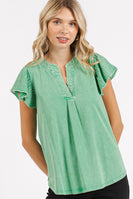 Mittoshop Mixed Media Solid Color Mineral Washed Top in Grass Green