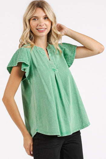 Mittoshop Mixed Media Solid Color Mineral Washed Top in Grass Green