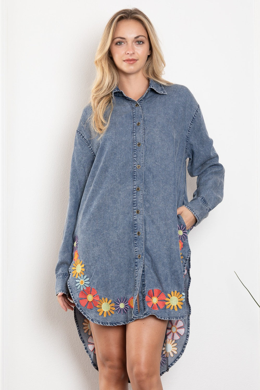BlueVelvet Denim High Low Dress with Embroidery Details in Denim – June