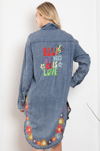 BlueVelvet Denim High Low Dress with Embroidery Details in Denim