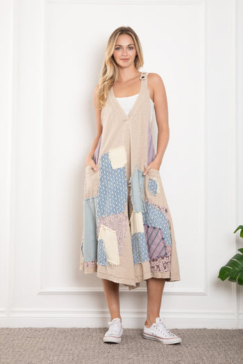 BlueVelvet Patched Cropped Wide Leg Jumpsuit in Light Taupe ON ORDER