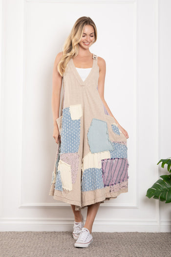 BlueVelvet Patched Cropped Wide Leg Jumpsuit in Light Taupe ON ORDER