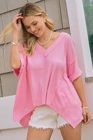 Oddi Solid Color Dotted Jacquard Knit Top in Pink