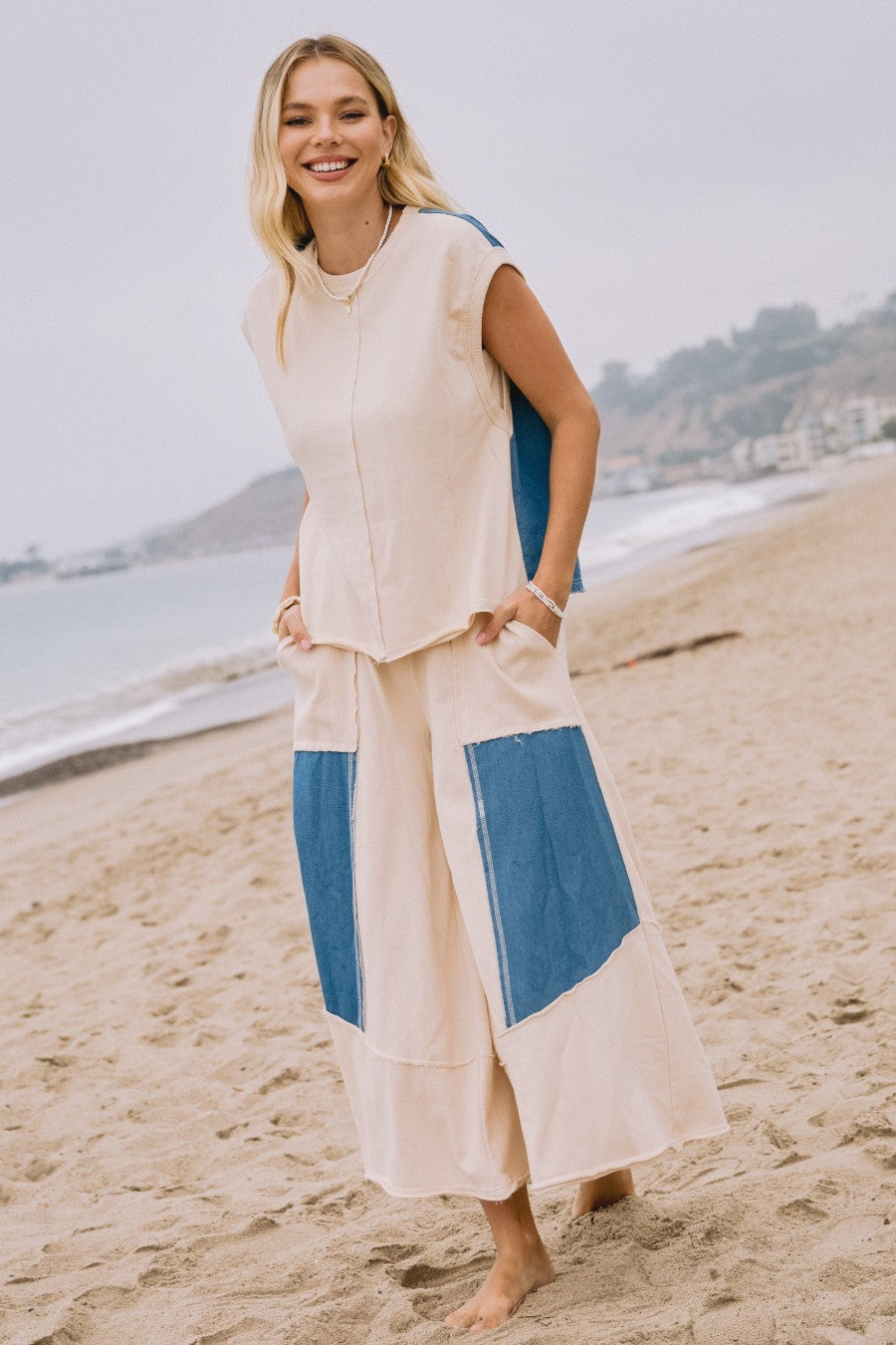 Oddi Mixed French Terry and Denim Muscle Tank Top in Ivory – June Adel