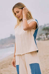 Oddi Mixed French Terry and Denim Muscle Tank Top in Ivory