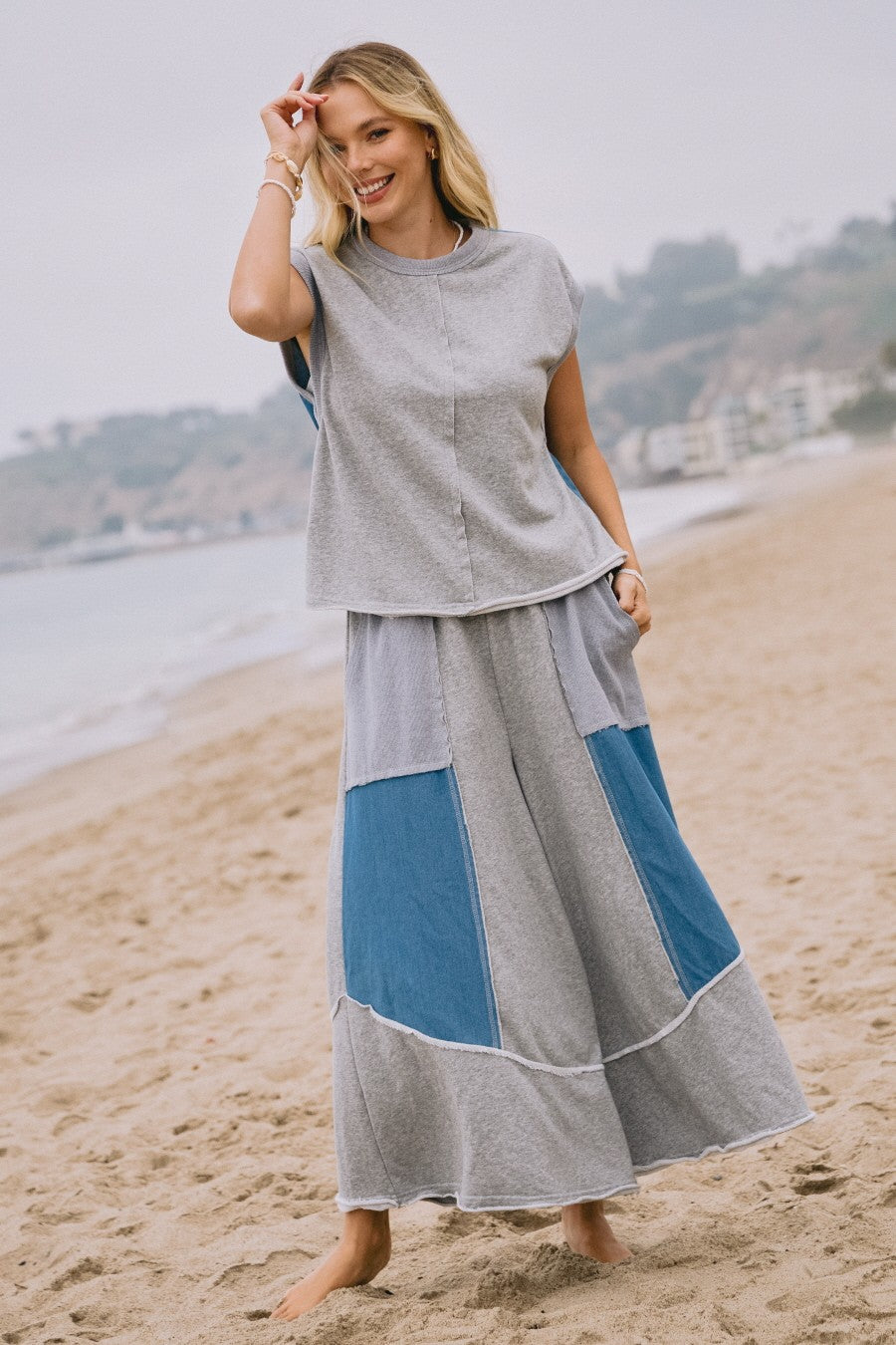 Oddi Mixed French Terry and Denim Wide Leg Pants in Heather Grey