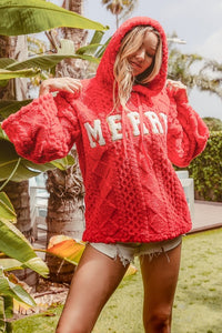 BiBi Solid Color Cable Knit Hooded Top with "MERRY" Letter Patches in Red