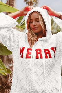 BiBi Solid Color Cable Knit Hooded Top with "MERRY" Letter Patches in Ivory