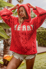 Load image into Gallery viewer, BiBi Solid Color Cable Knit Hooded Top with &quot;MERRY&quot; Letter Patches in Red
