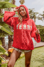 Load image into Gallery viewer, BiBi Solid Color Cable Knit Hooded Top with &quot;MERRY&quot; Letter Patches in Red
