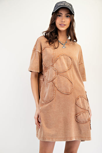 Easel Mineral Washed Daisy Patched T-Shirt Dress in Toast