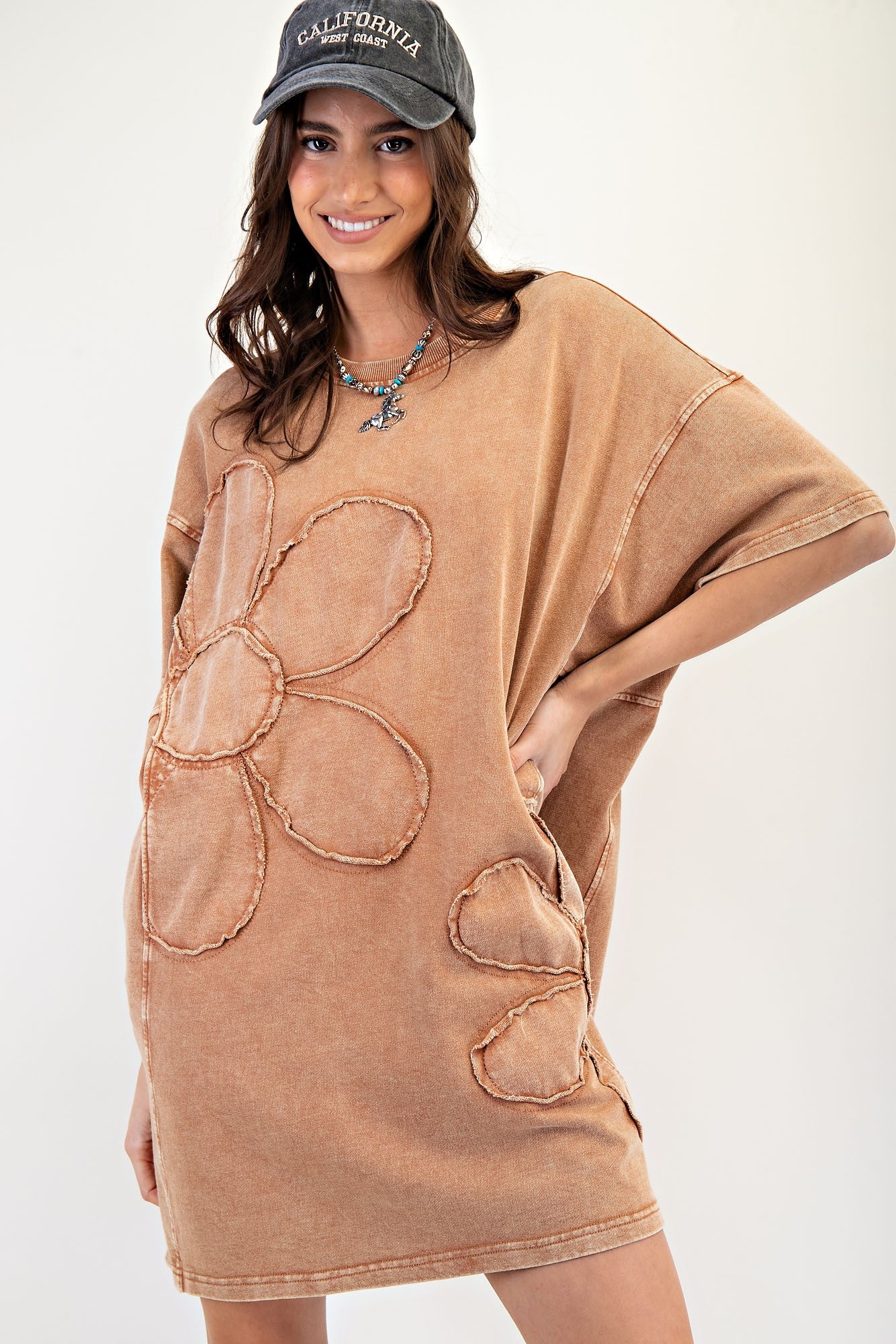 Easel Mineral Washed Daisy Patched T-Shirt Dress in Toast – June Adel