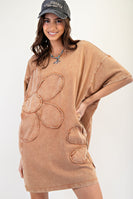 Easel Mineral Washed Daisy Patched T-Shirt Dress in Toast
