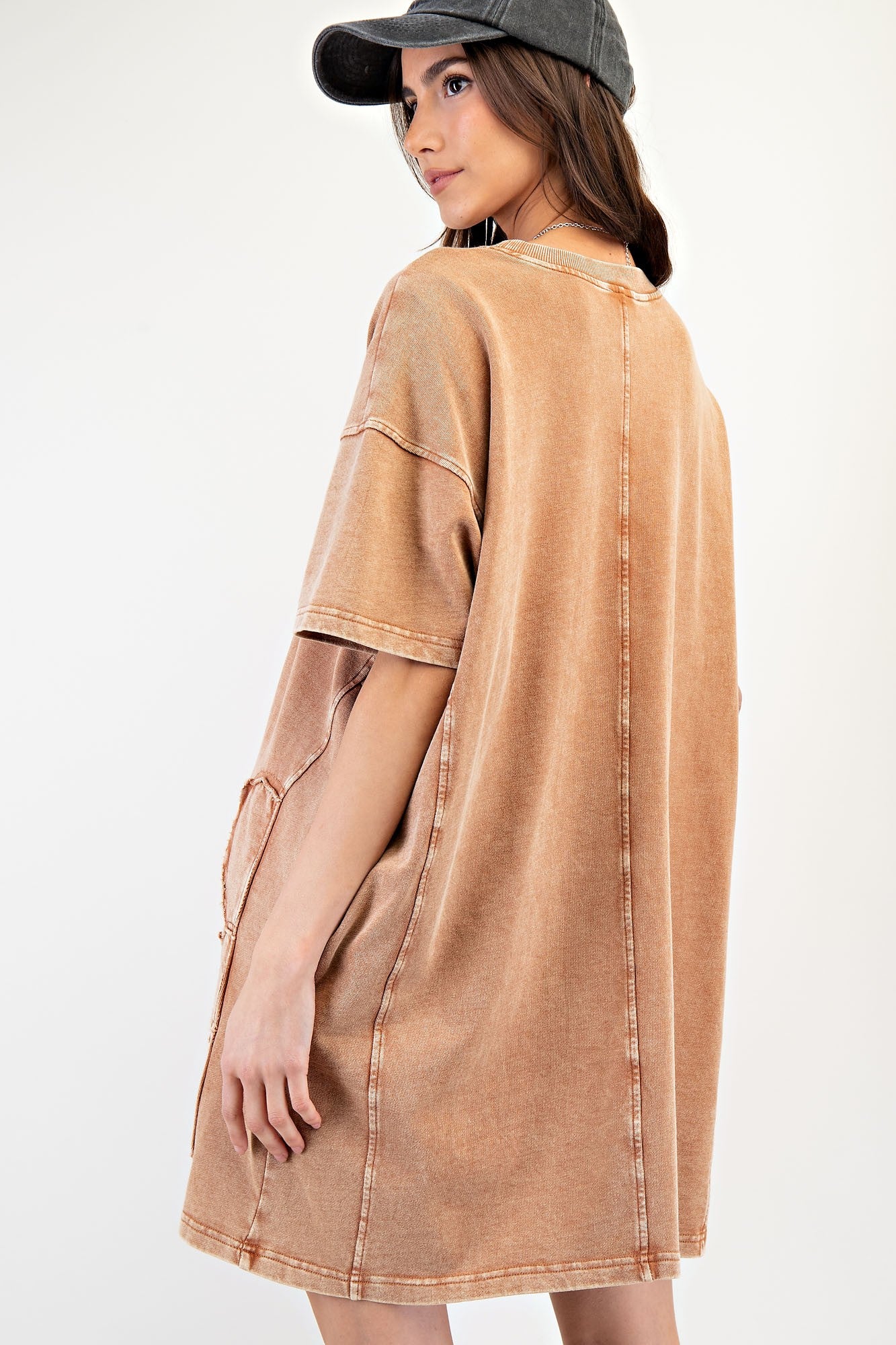 Easel Mineral Washed Daisy Patched T-Shirt Dress in Toast – June Adel