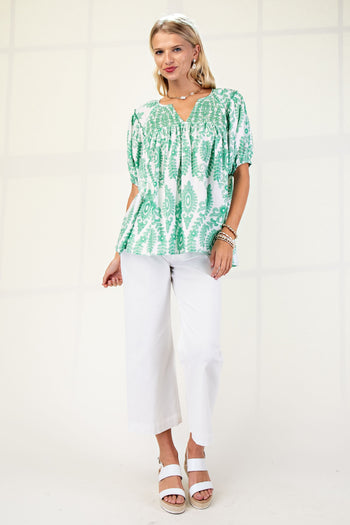 GiGio Printed Smocked Front and Back Top in Green