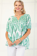 GiGio Printed Smocked Front and Back Top in Green