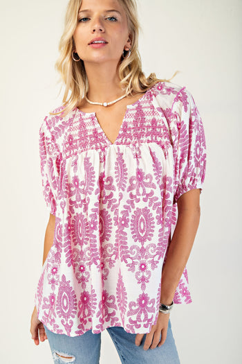 GiGio Printed Smocked Front and Back Top in Pink