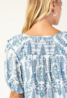 GiGio Printed Smocked Front and Back Top in Blue