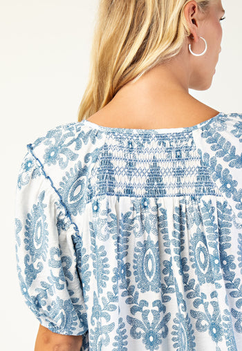 GiGio Printed Smocked Front and Back Top in Blue