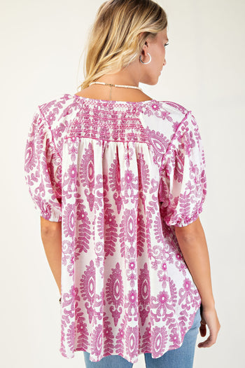 GiGio Printed Smocked Front and Back Top in Pink