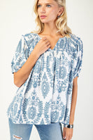 GiGio Printed Smocked Front and Back Top in Blue
