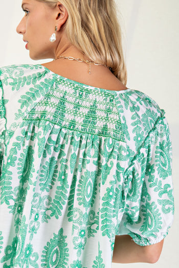 GiGio Printed Smocked Front and Back Top in Green
